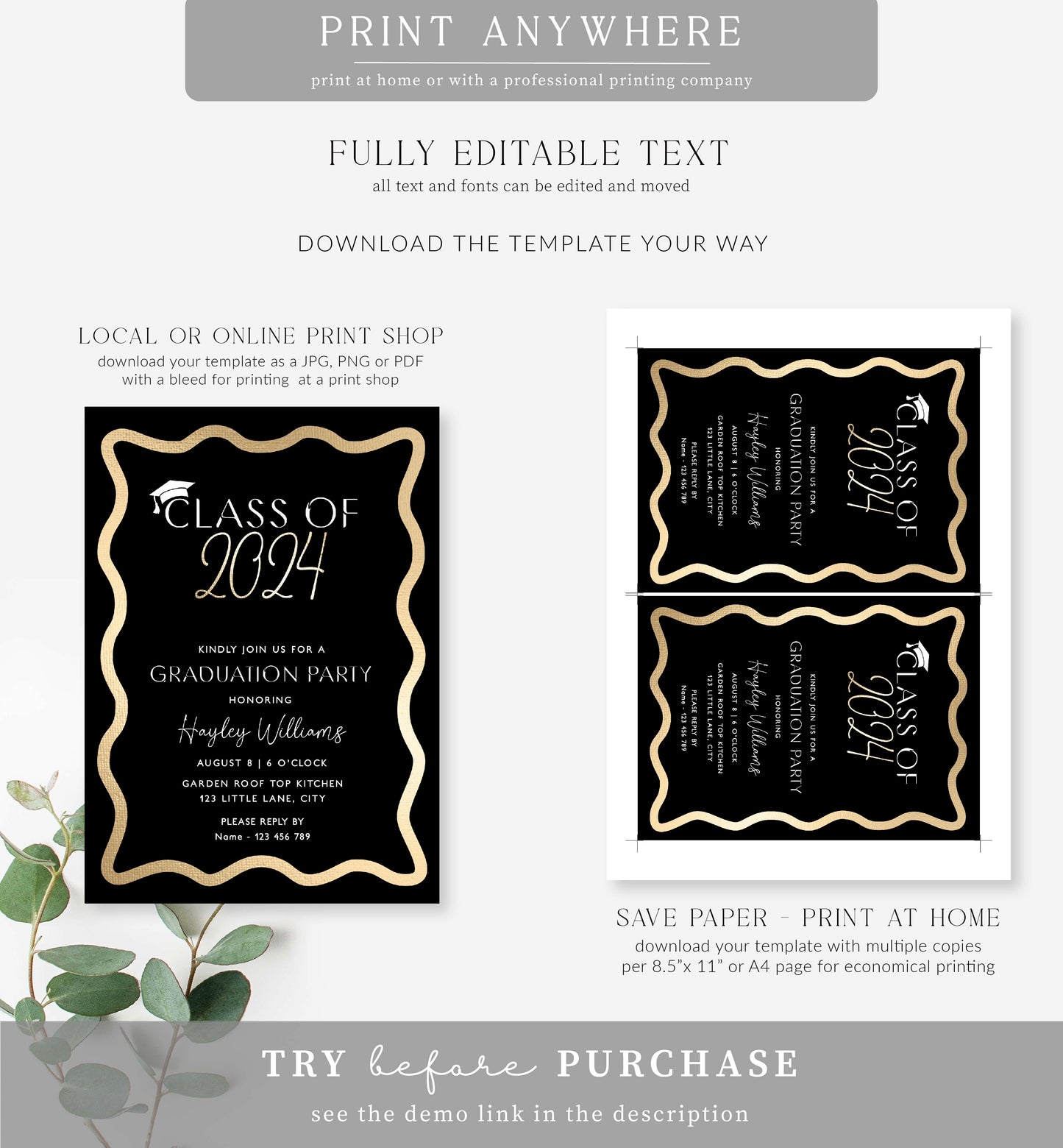 Wave Black Gold | Printable Graduation Invitation Template