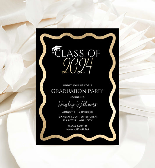 Class Of 2024 Graduation Party Invite, Printable Black Gold College Graduation Invite, High School Grad Invite, University Graduation, Wave