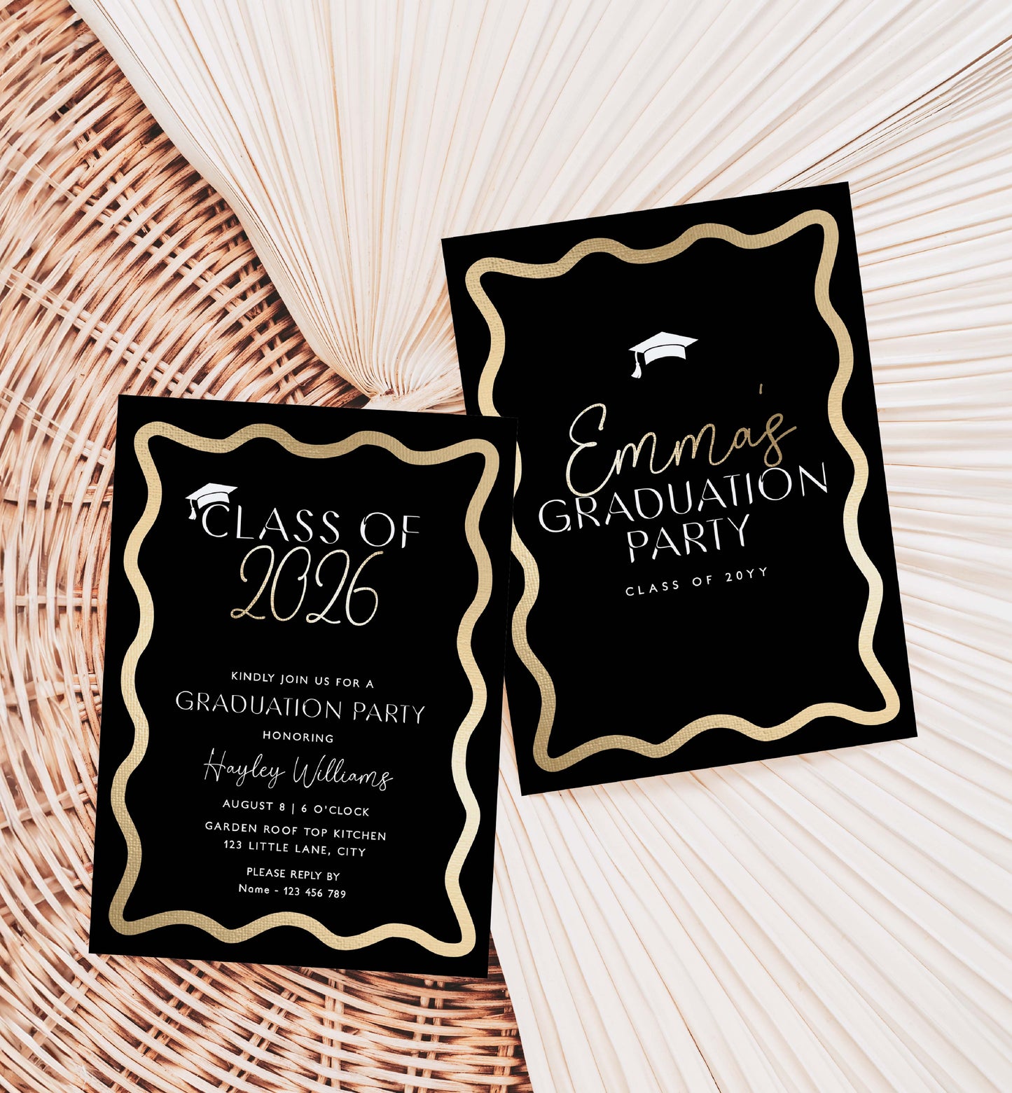 Two graduation party invitations on a textured surface. Class Of 2026 Graduation Party Invite, Printable Hot Pink College Graduation Invite, High School Grad Invite, University Graduation, Wave