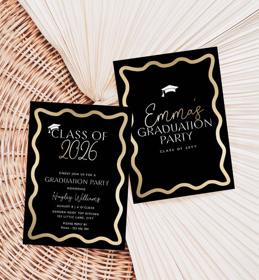 Two graduation party invitations on a textured surface. Class Of 2026 Graduation Party Invite, Printable Hot Pink College Graduation Invite, High School Grad Invite, University Graduation, Wave