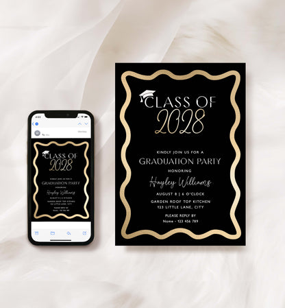 Graduation party invitation with 'Class of 2028' text on a black background, displayed on a phone and paper. Class Of 2026 Graduation Party Invite, Printable Hot Pink College Graduation Invite, High School Grad Invite, University Graduation, Wave
