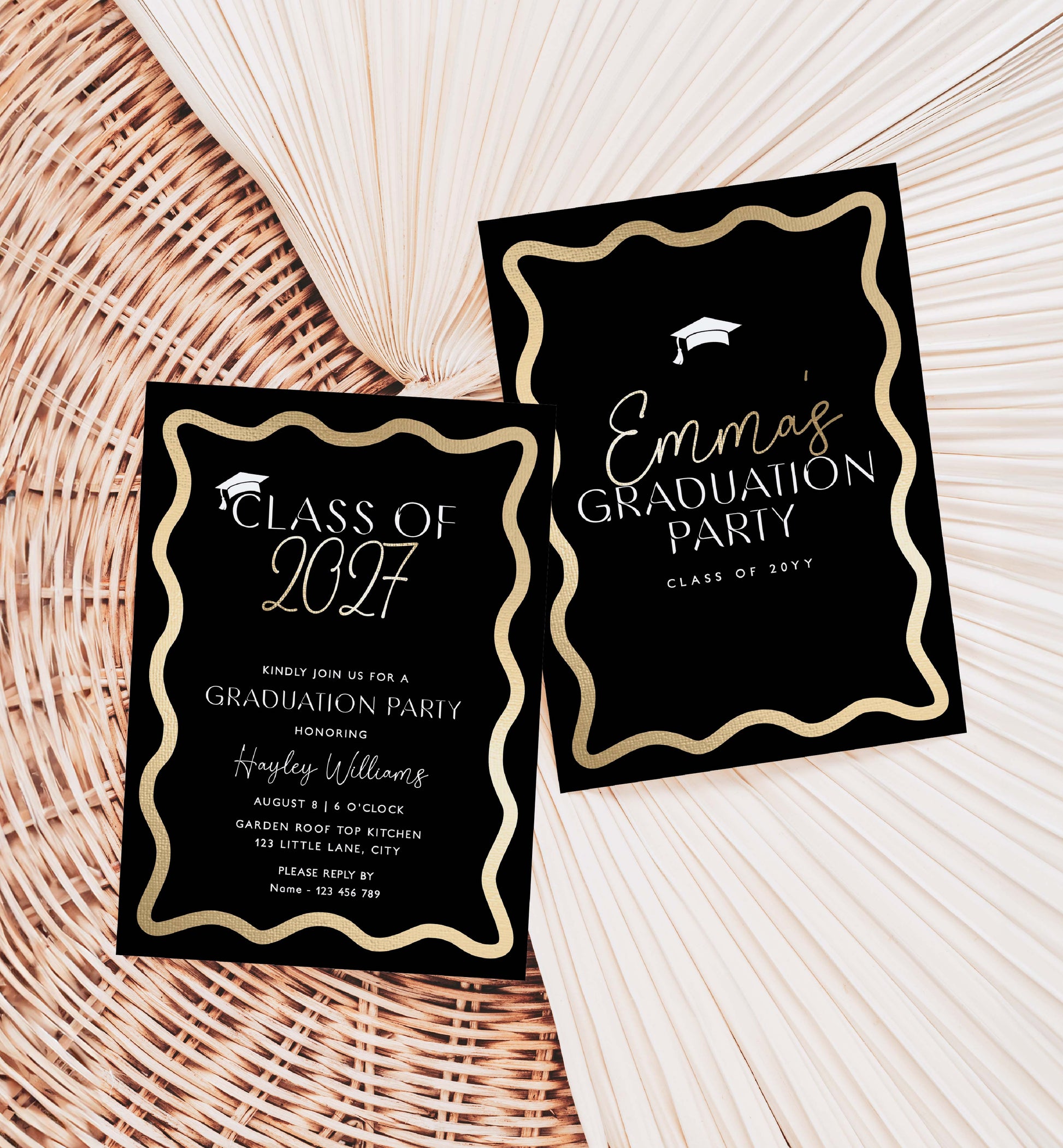 Two graduation party invitations on a textured surface. Class Of 2026 Graduation Party Invite, Printable Hot Pink College Graduation Invite, High School Grad Invite, University Graduation, Wave