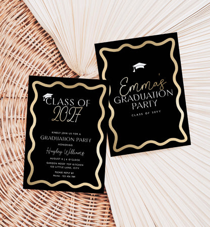 Two graduation party invitations on a textured surface. Class Of 2026 Graduation Party Invite, Printable Hot Pink College Graduation Invite, High School Grad Invite, University Graduation, Wave