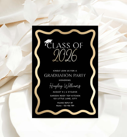 Graduation party invitation card for Class of 2026 on a decorative white background Class Of 2026 Graduation Party Invite, Printable Hot Pink College Graduation Invite, High School Grad Invite, University Graduation, Wave