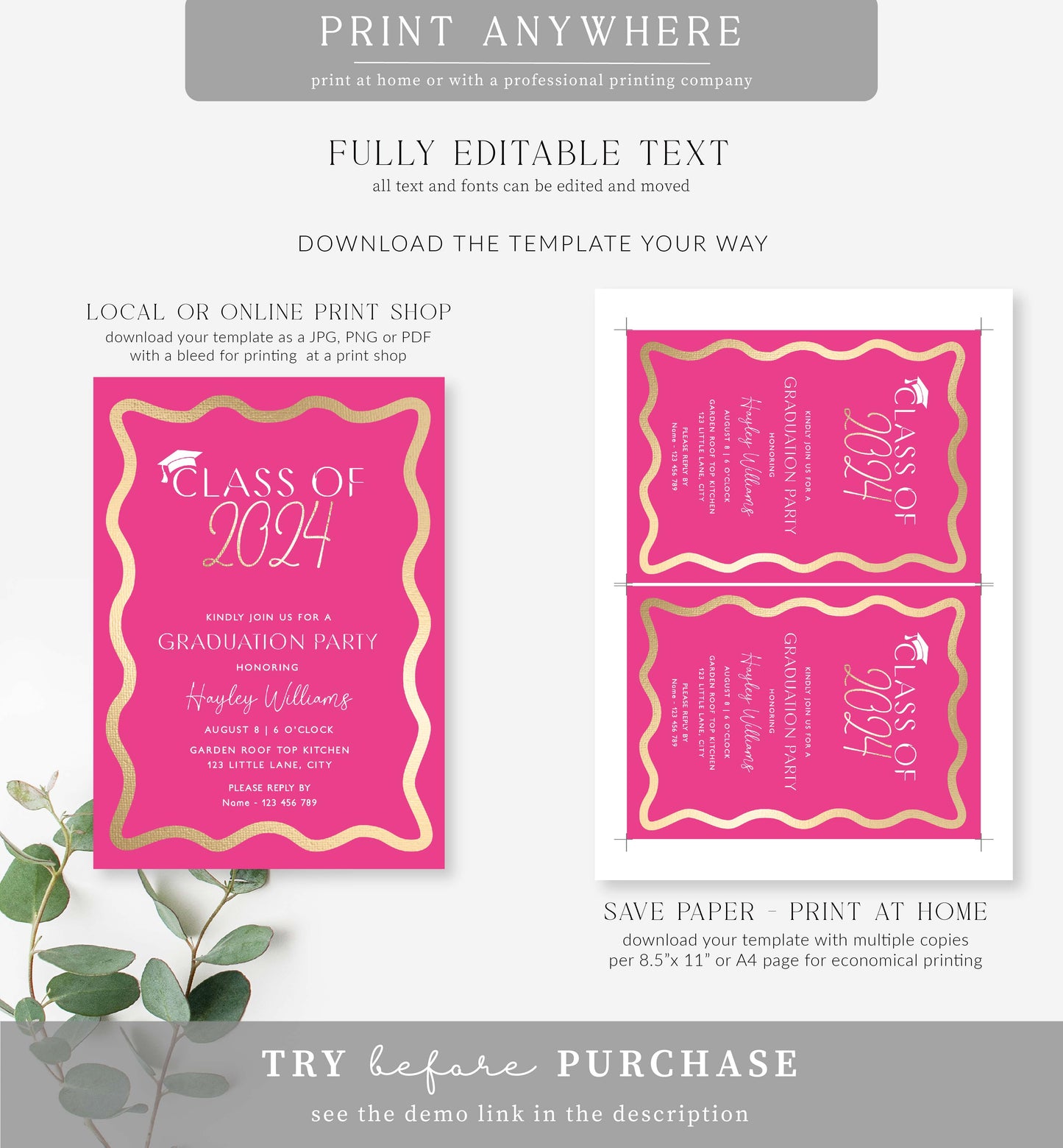 Wave Hot Pink Gold | Printable Graduation Invitation Template