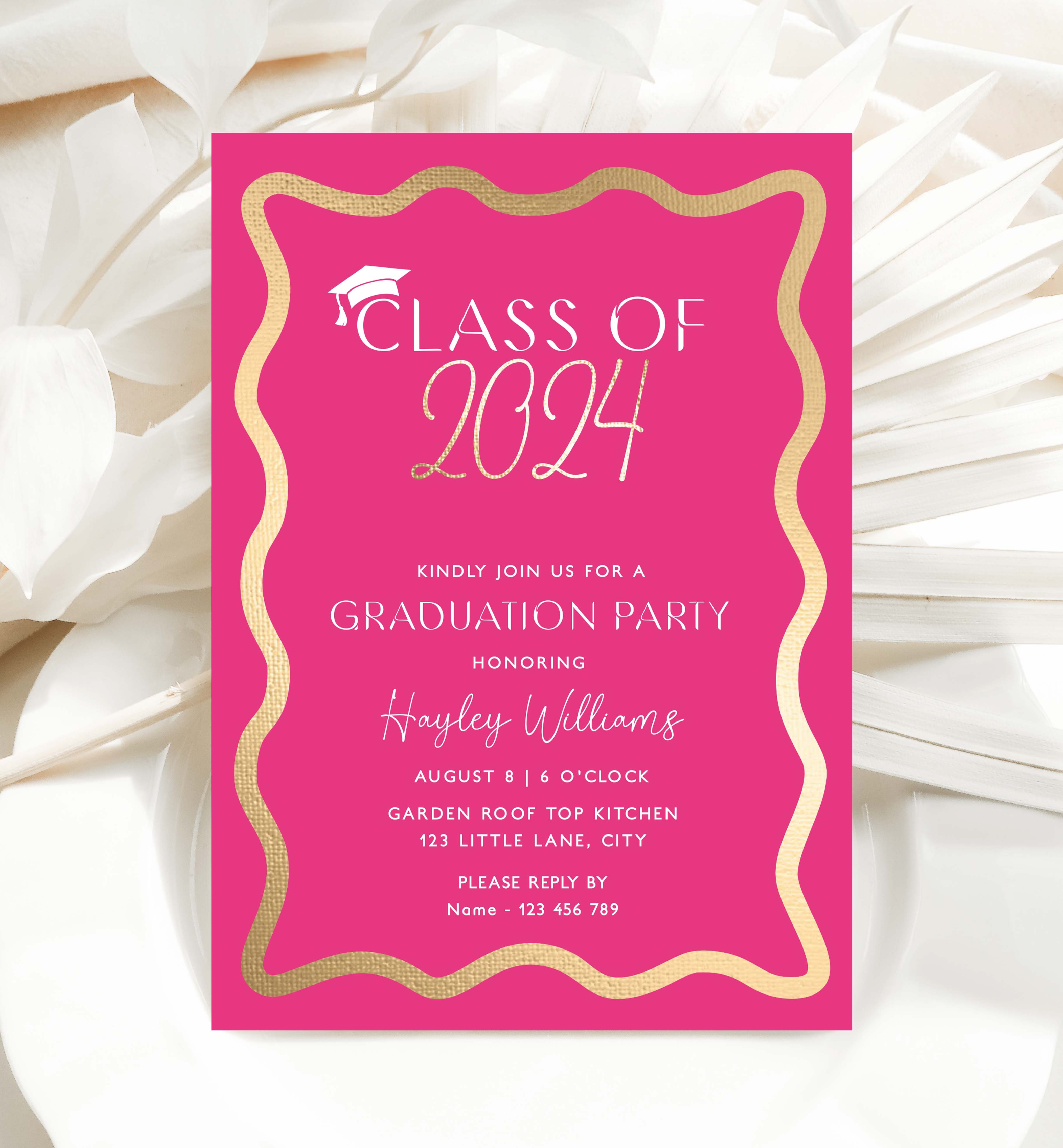 Wave Hot Pink Gold | Printable Graduation Invitation Template – Black ...