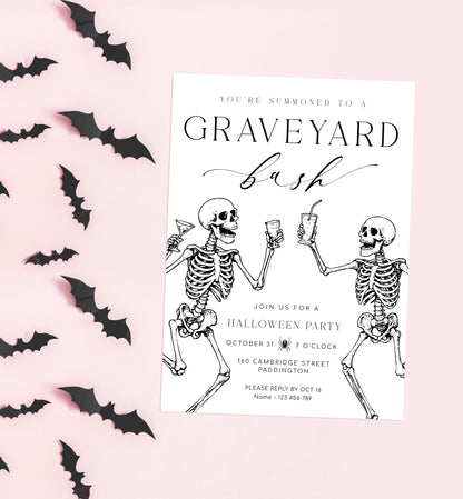 Halloween party invitation with skeletons and bats on a pink background. Halloween Graveyard Bash Skeletons Invitation, Printable Halloween Custom Party Invite, Skeletons, Adults Halloween Party, Halloween Evite