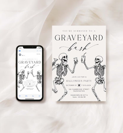 Halloween party invitation with skeletons and smartphone displaying the same design on a white background. Halloween Graveyard Bash Skeletons Invitation, Printable Halloween Custom Party Invite, Skeletons, Adults Halloween Party, Halloween Evite
