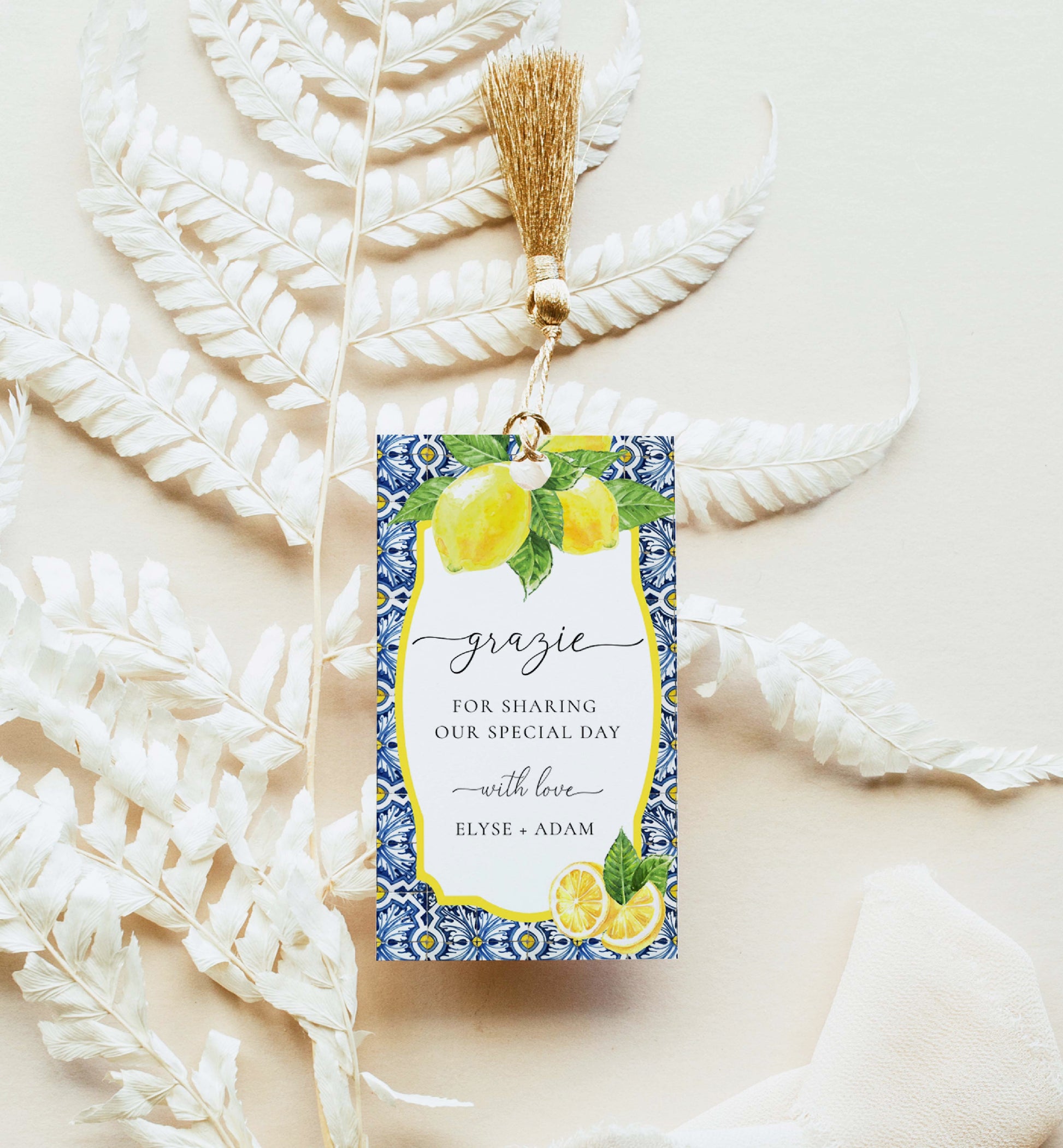 Printable Grazie Favor Tag, Italian Positano Blue Tile Lemon, Bridal Shower Thank You Favor Tag, Wedding Favor Tags, Baby Shower Favor Tags