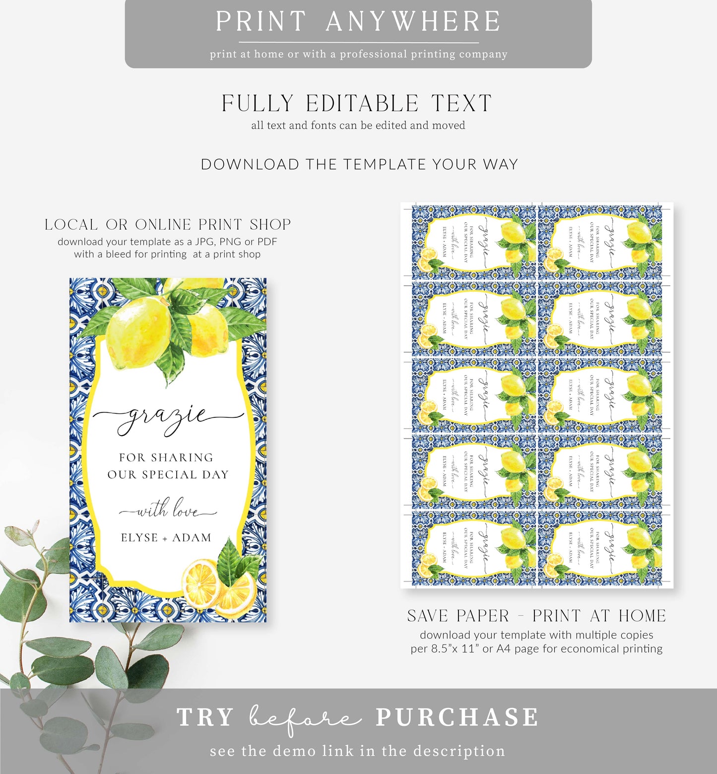 Positano Lemons | Printable Grazie Favour Tags Template