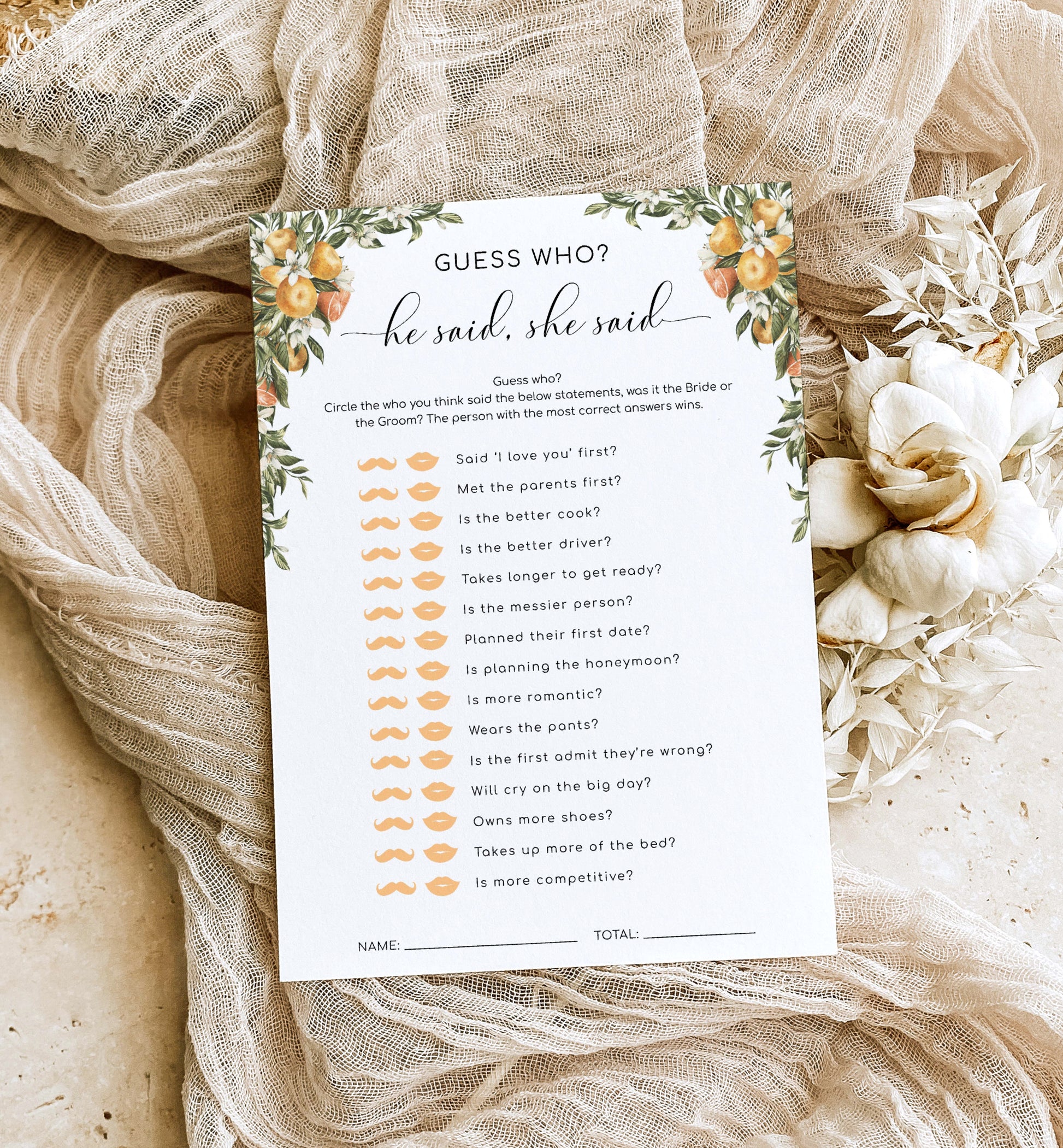 He Said She Said Game Card, Guess How Said It Bride or Groom Game, Printable Bridal Shower Game, Italian Oranges, Editable Game, Clementine