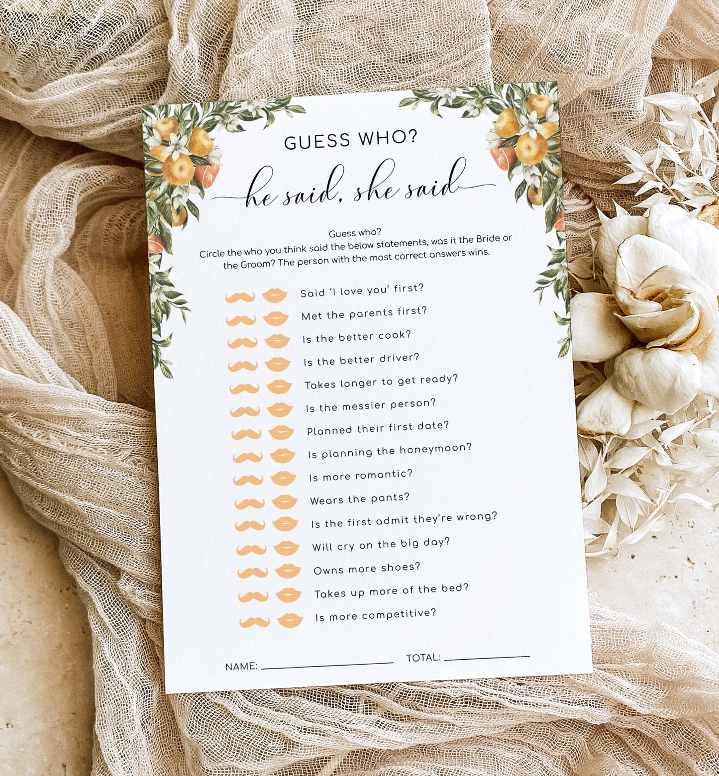 He Said She Said Game Card, Guess How Said It Bride or Groom Game, Printable Bridal Shower Game, Italian Oranges, Editable Game, Clementine