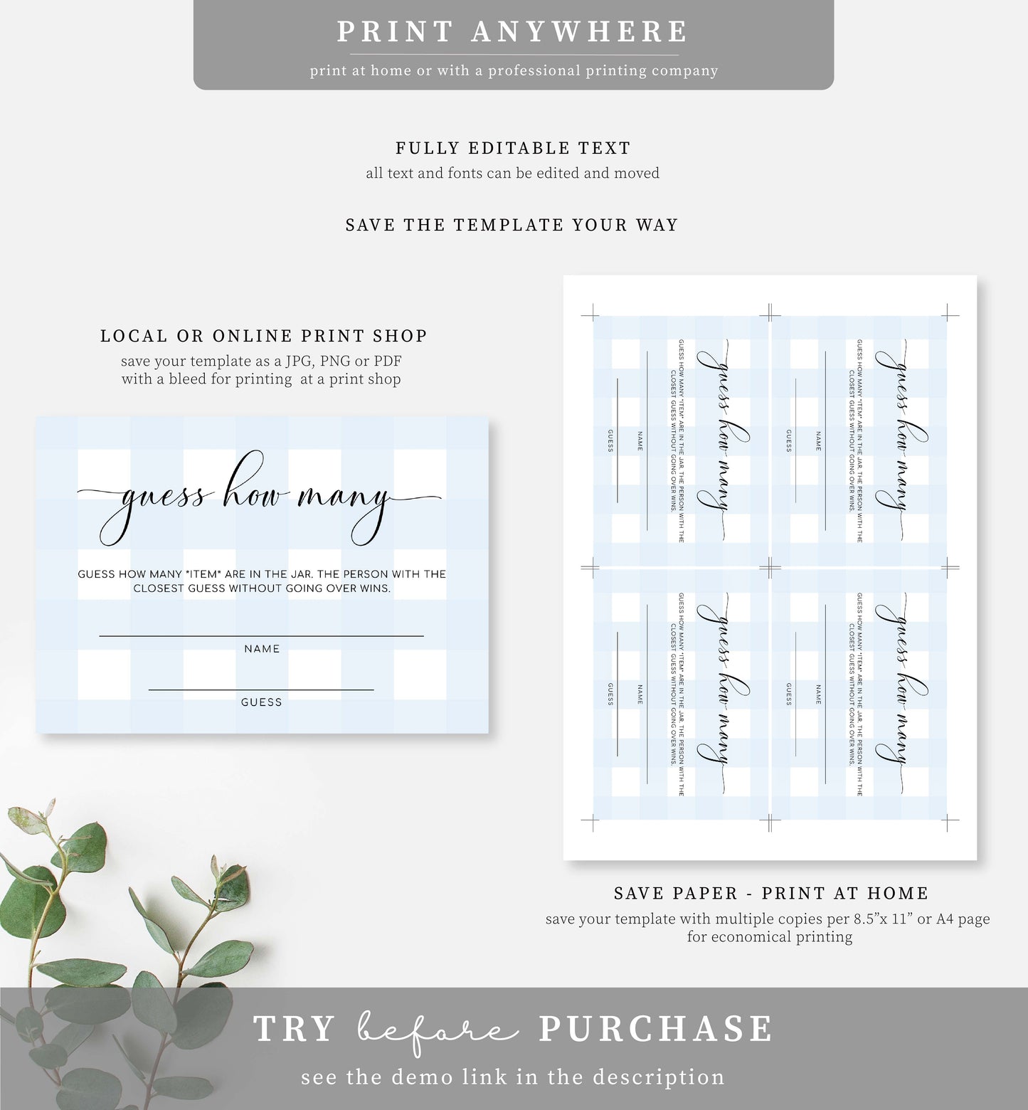 Gingham Blue | Printable Guess How Many Game Sign and Card Template