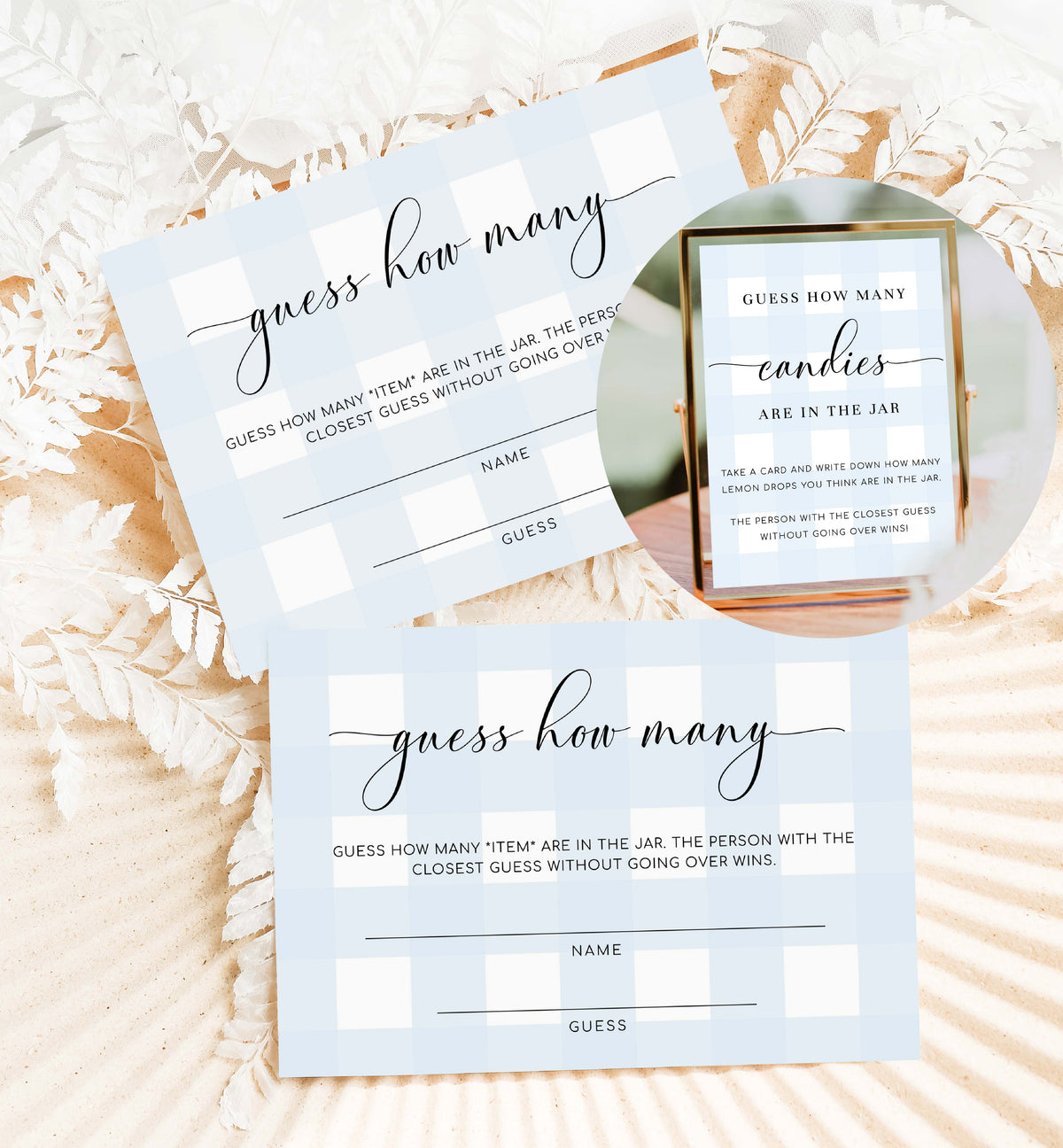 Gingham Blue | Printable Guess How Many Game Sign and Card Template ...