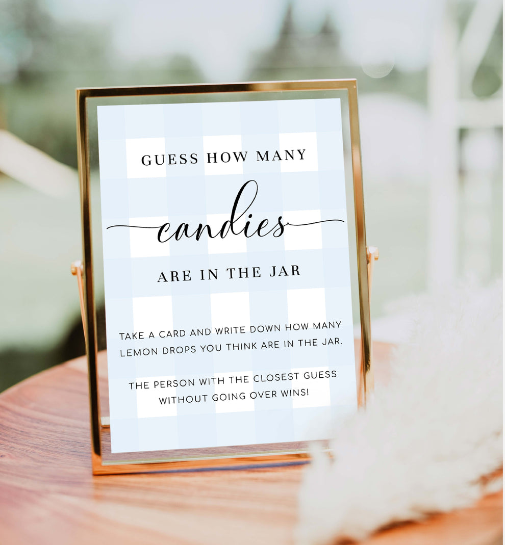 How Many Sign Visual Gingham Blue | Printable Guess How Many Game Sign and Card Template ...