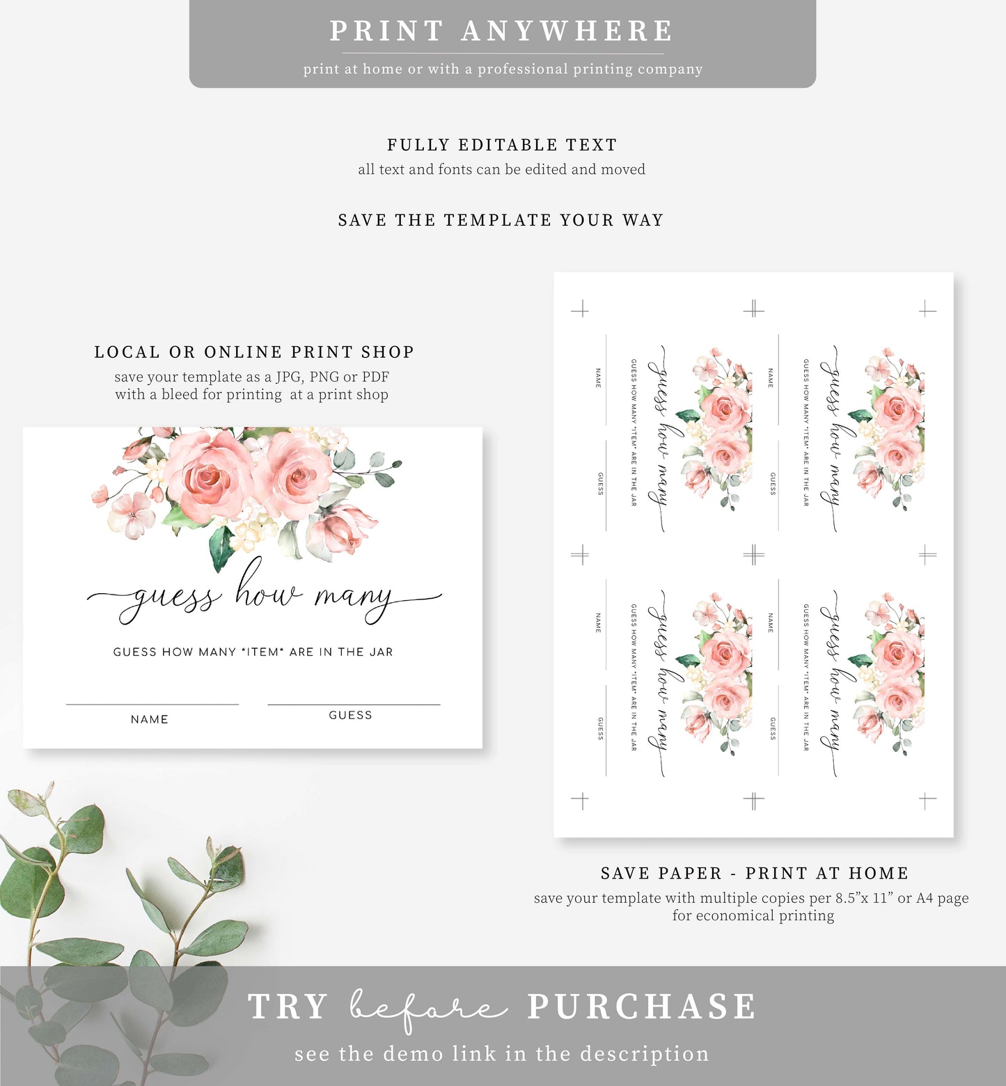 Darcy Floral Pink | Printable Guess How Many Game Sign and Card Template