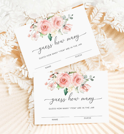 Guess How Many In The Jar Game Sign and Card Template, Blush Floral, Printable Bridal Shower Game, Baby Shower Game Sign, Darcy Pink
