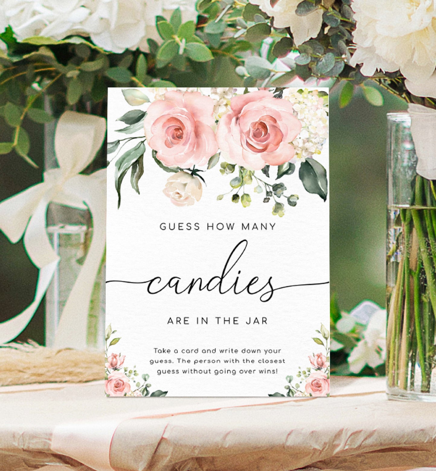 Guess How Many In The Jar Game Sign and Card Template, Blush Floral, Printable Bridal Shower Game, Baby Shower Game Sign, Darcy Pink