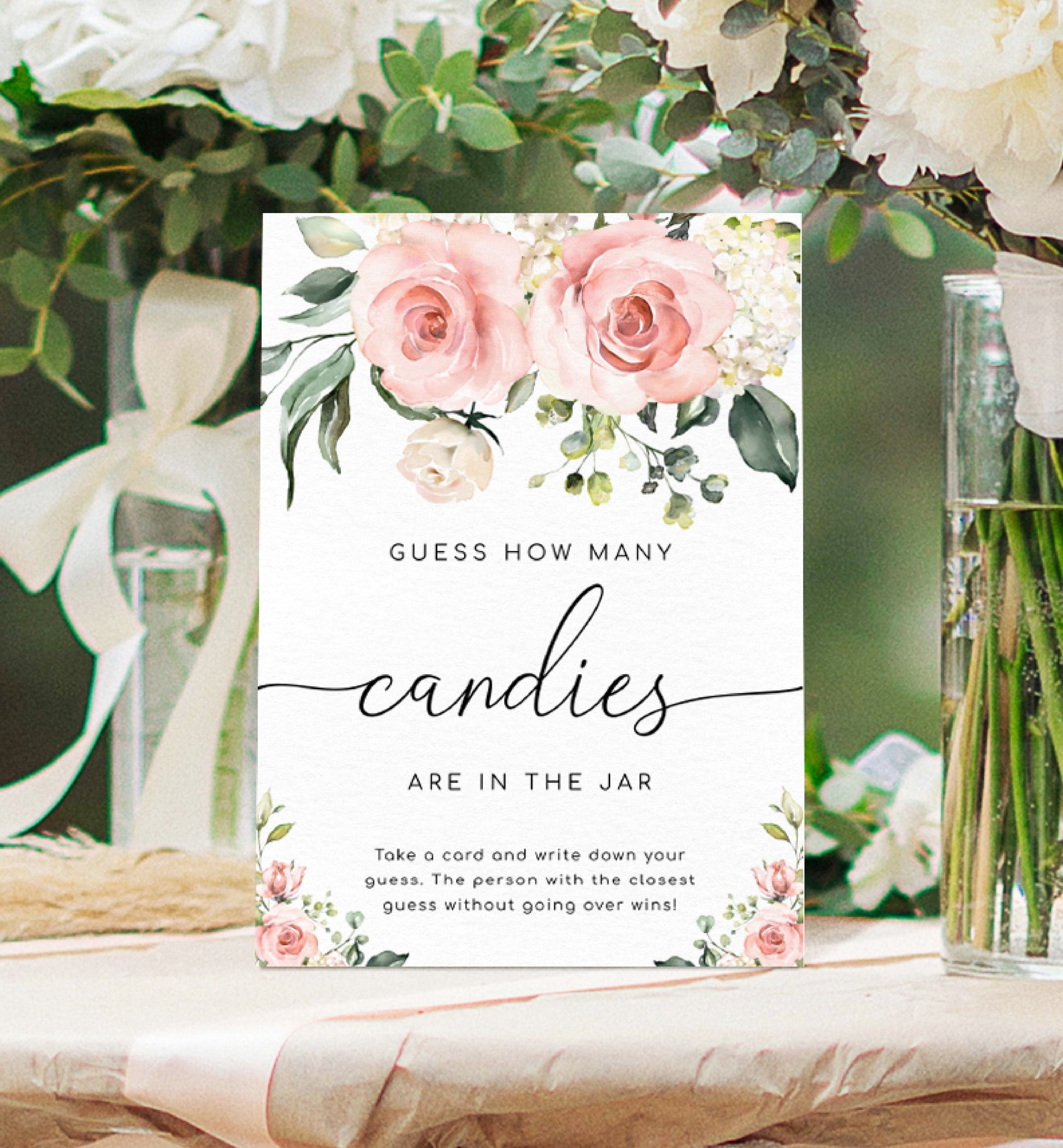Guess How Many In The Jar Game Sign and Card Template, Blush Floral, Printable Bridal Shower Game, Baby Shower Game Sign, Darcy Pink