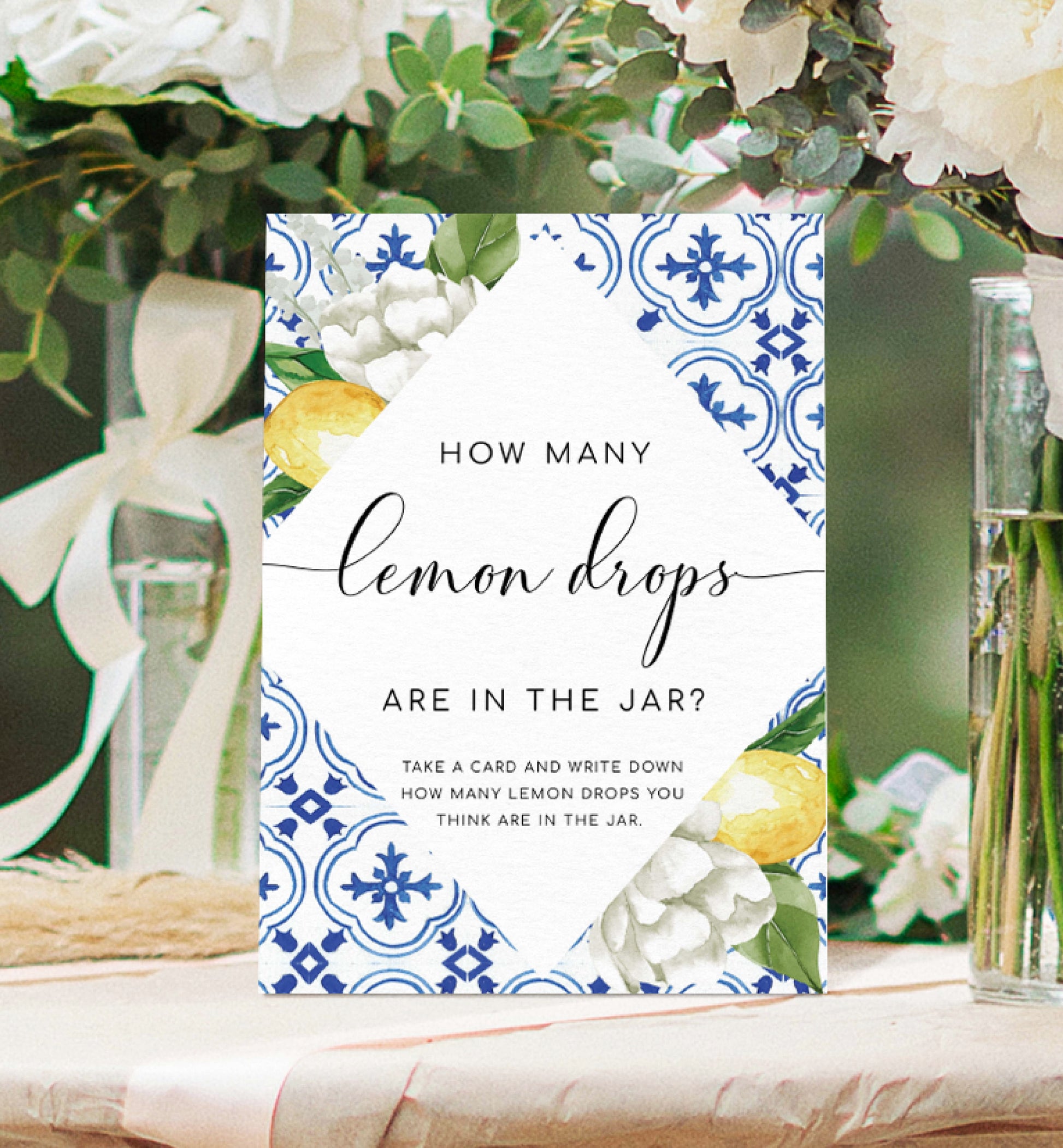Guess How Many Sign and Cards, Mediterranean Blue Tile Lemons Printable Game Sign Guess Card, Bridal Shower Game, Baby Shower Game, The Med