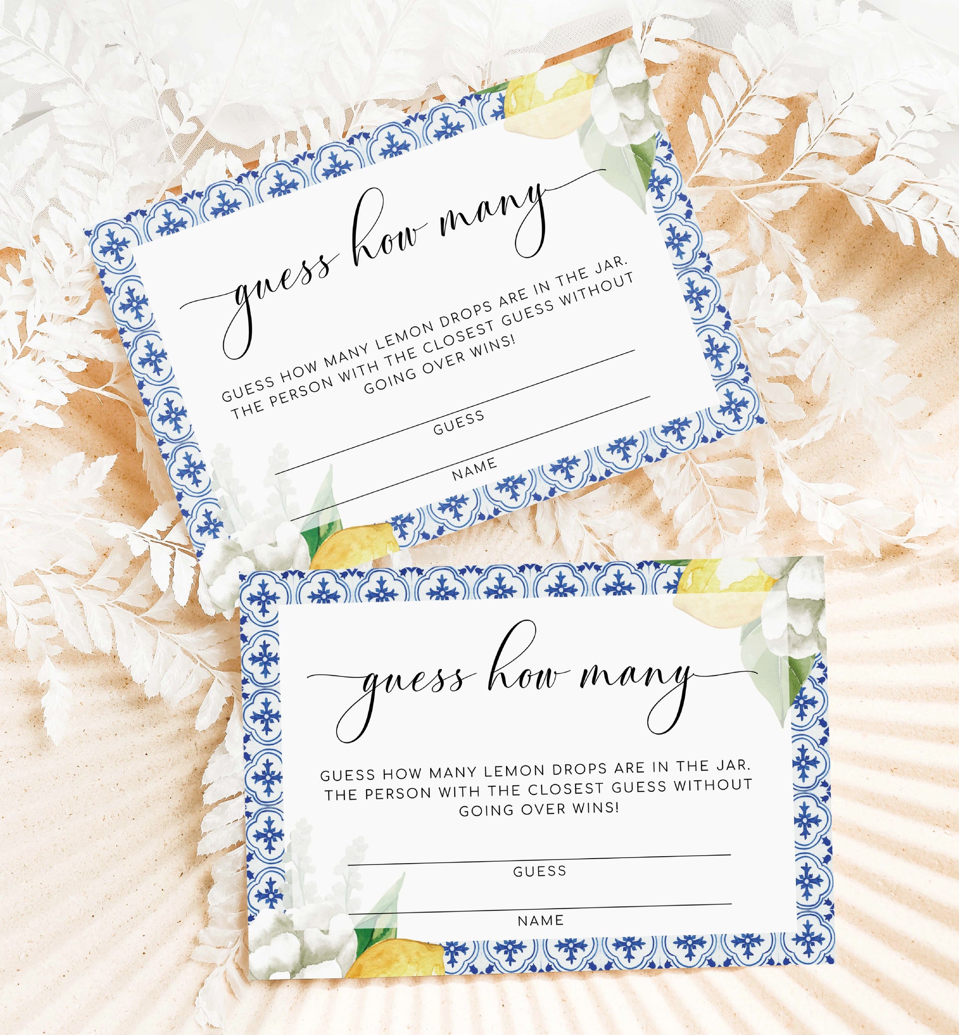 Guess How Many Sign and Cards, Mediterranean Blue Tile Lemons Printable Game Sign Guess Card, Bridal Shower Game, Baby Shower Game, The Med