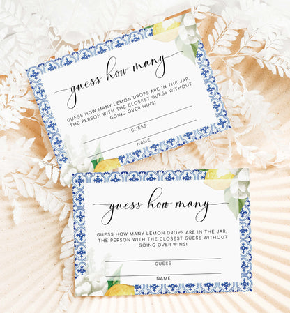 Guess How Many Sign and Cards, Mediterranean Blue Tile Lemons Printable Game Sign Guess Card, Bridal Shower Game, Baby Shower Game, The Med