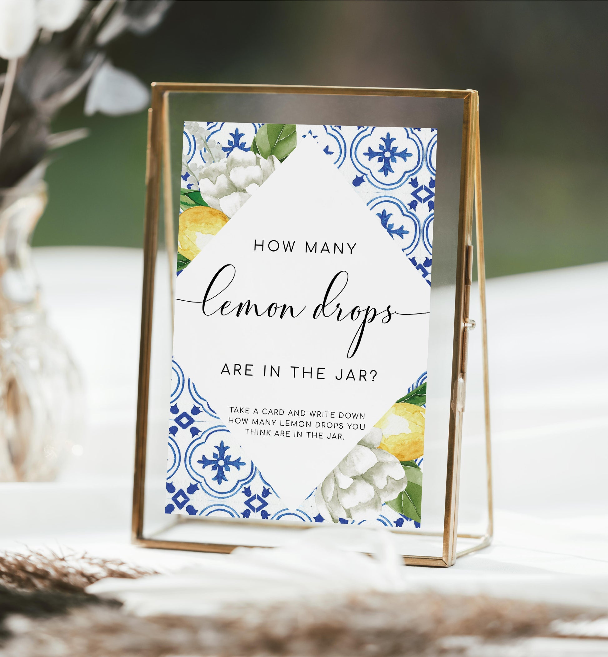 Guess How Many Sign and Cards, Mediterranean Blue Tile Lemons Printable Game Sign Guess Card, Bridal Shower Game, Baby Shower Game, The Med