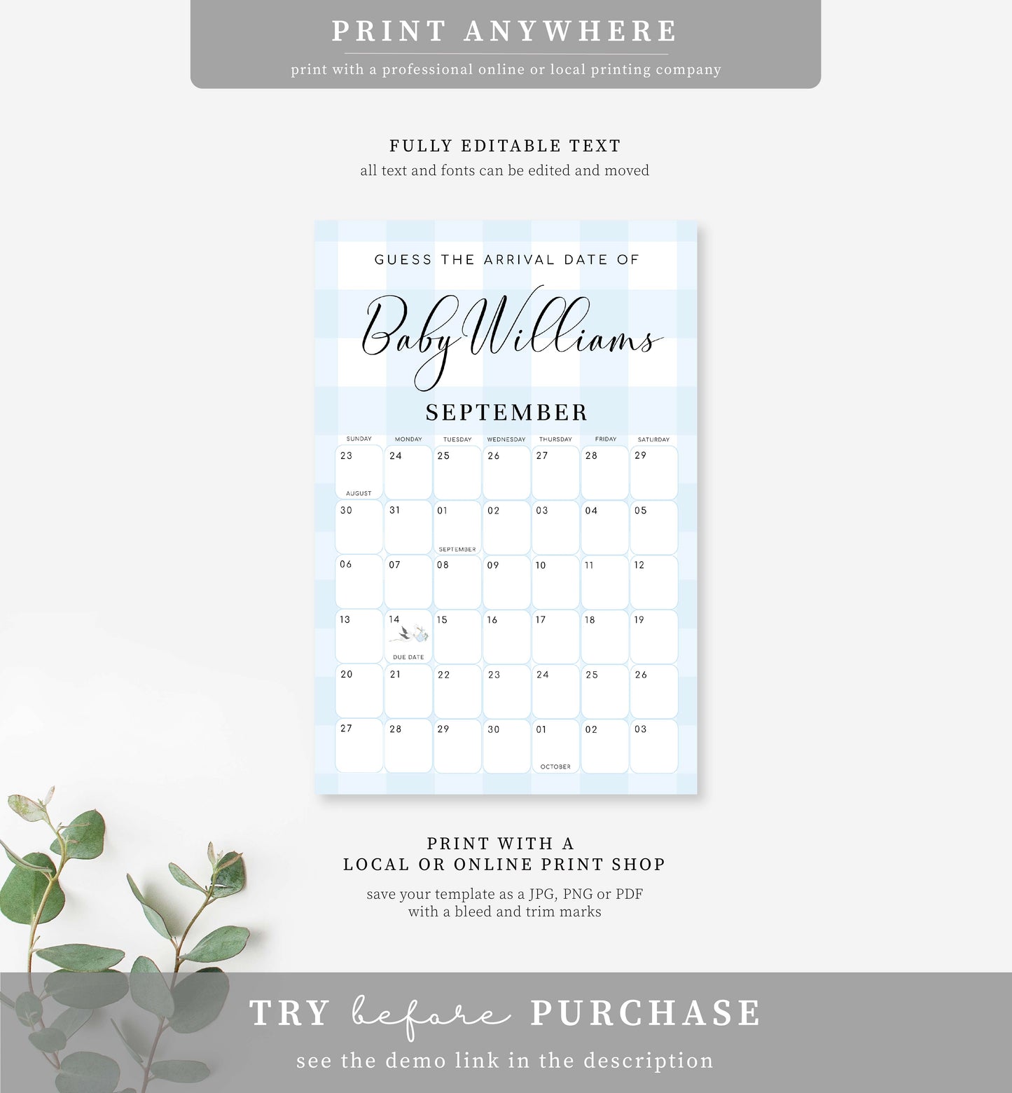 Gingham Blue | Printable Arrival Date Baby Shower Game Sign Template