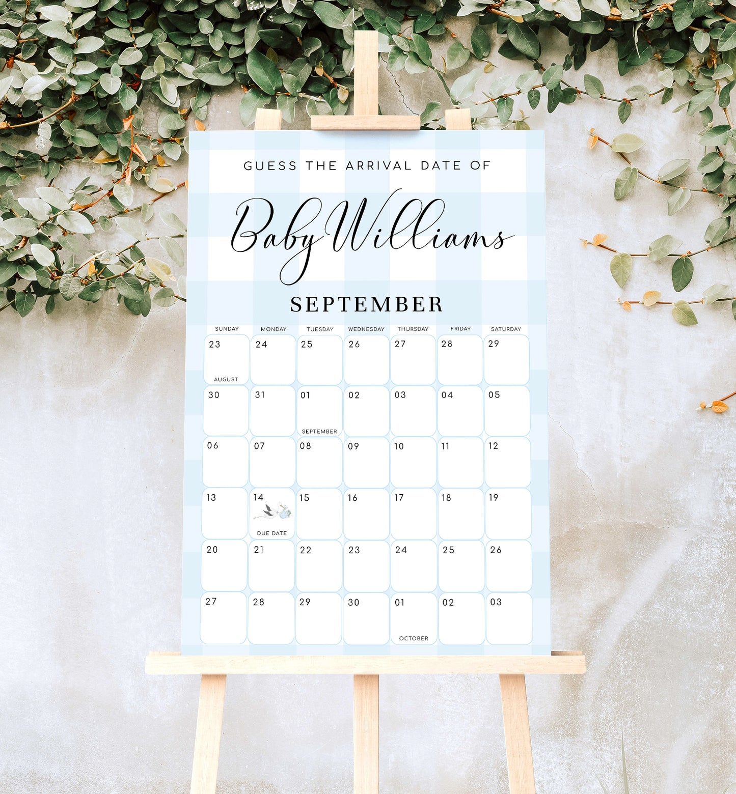 Gingham Blue | Printable Arrival Date Baby Shower Game Sign Template