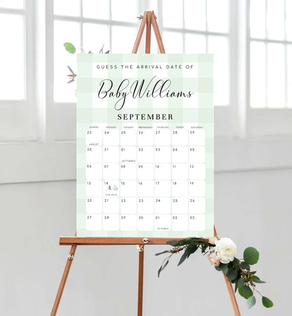 Gingham Green | Printable Arrival Date Baby Shower Game Sign Template