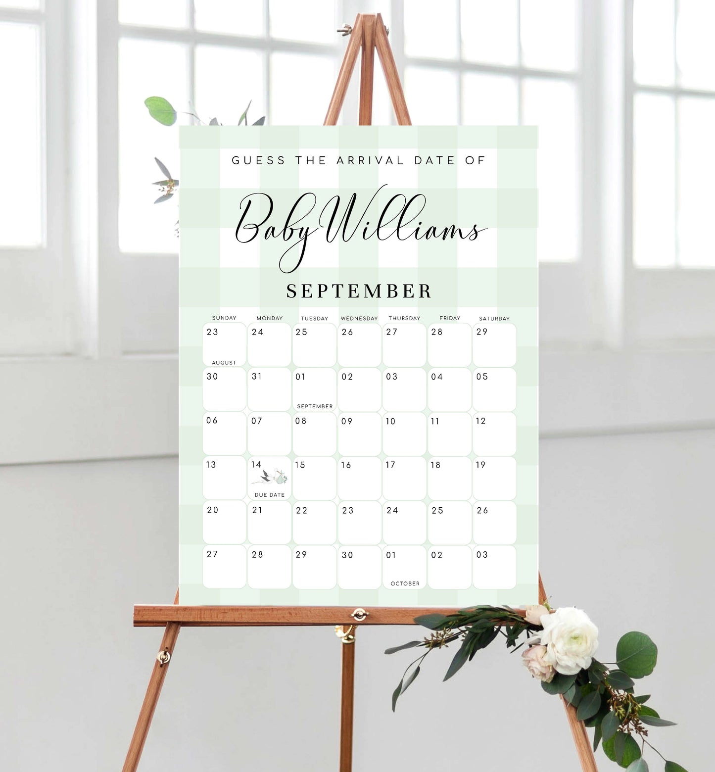 Gingham Green | Printable Arrival Date Baby Shower Game Sign Template