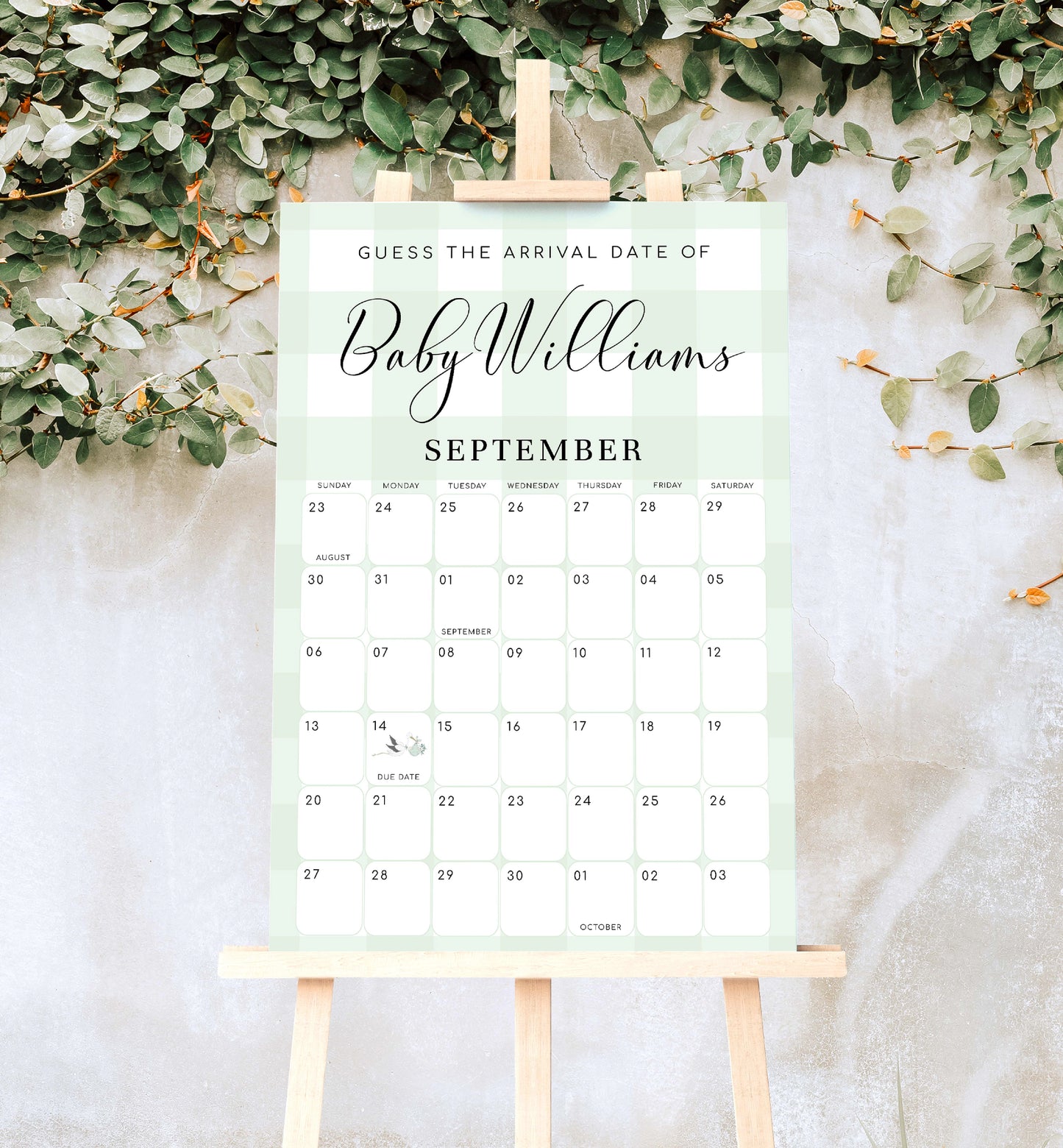 Gingham Green | Printable Arrival Date Baby Shower Game Sign Template