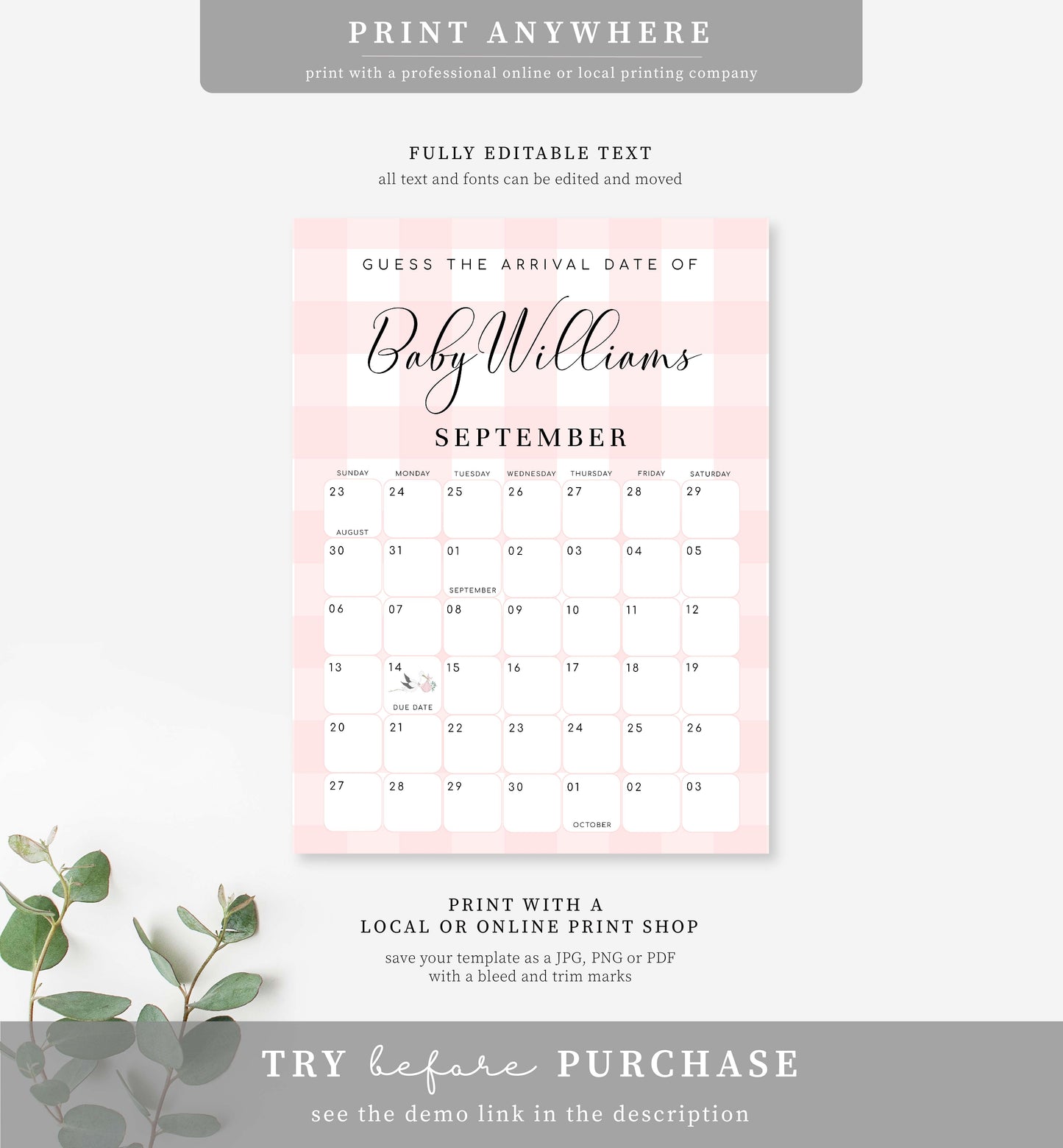 Gingham Pink | Printable Arrival Date Baby Shower Game Sign Template