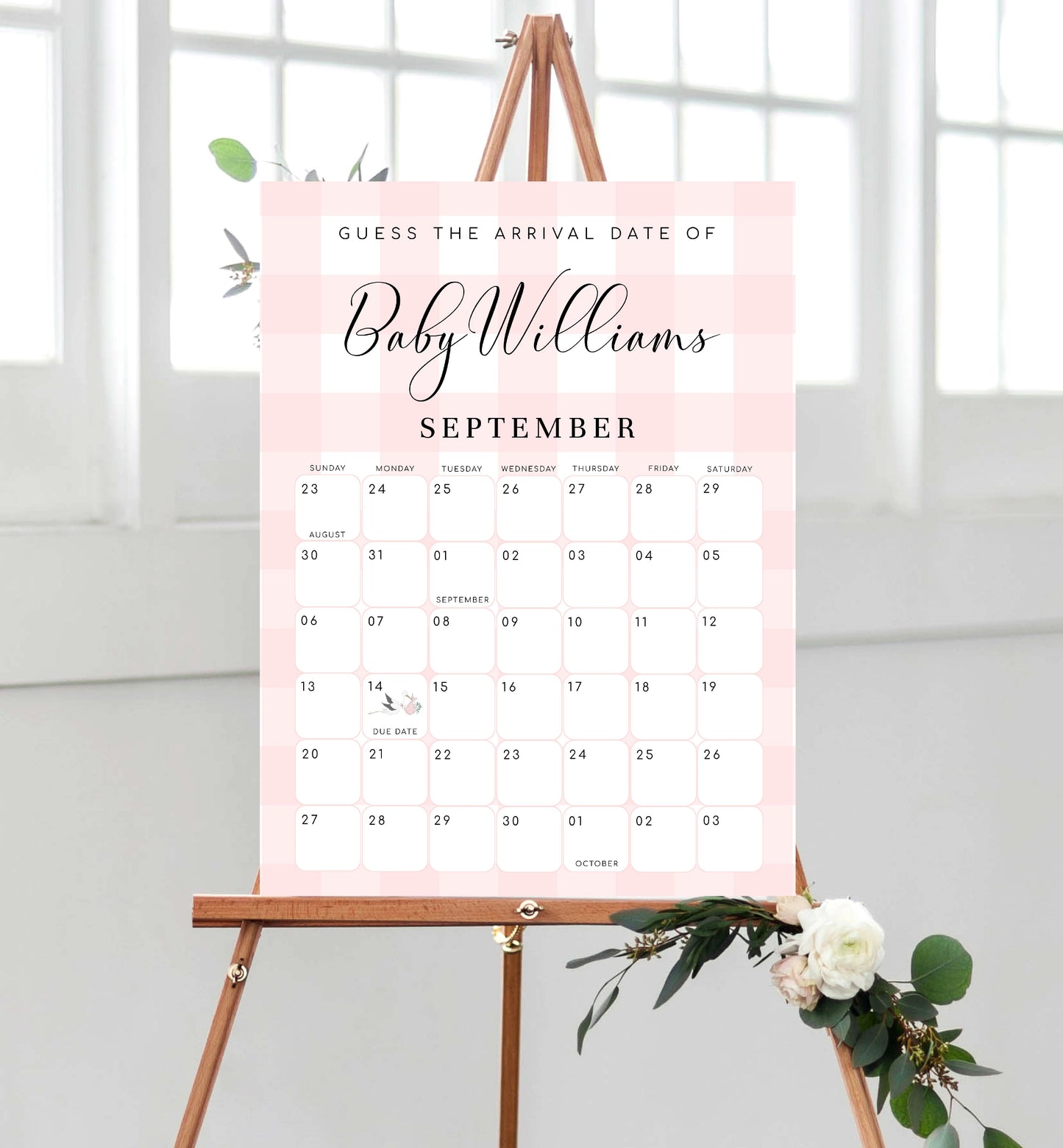 Gingham Pink | Printable Arrival Date Baby Shower Game Sign Template