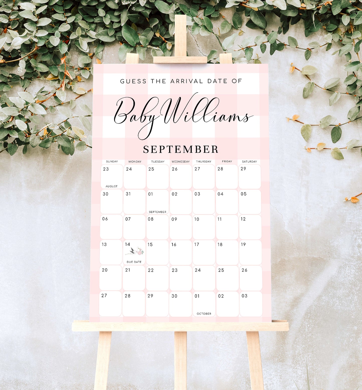 Gingham Pink | Printable Arrival Date Baby Shower Game Sign Template