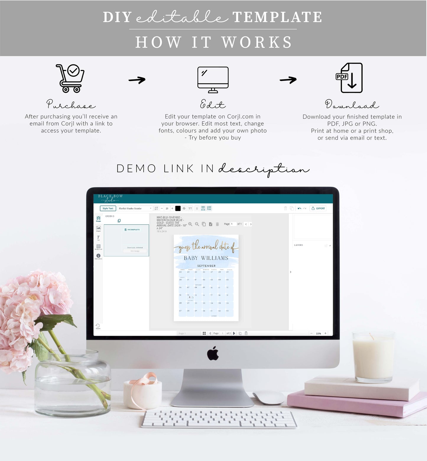 Watercolour Blue | Printable Arrival Date Baby Shower Game Sign