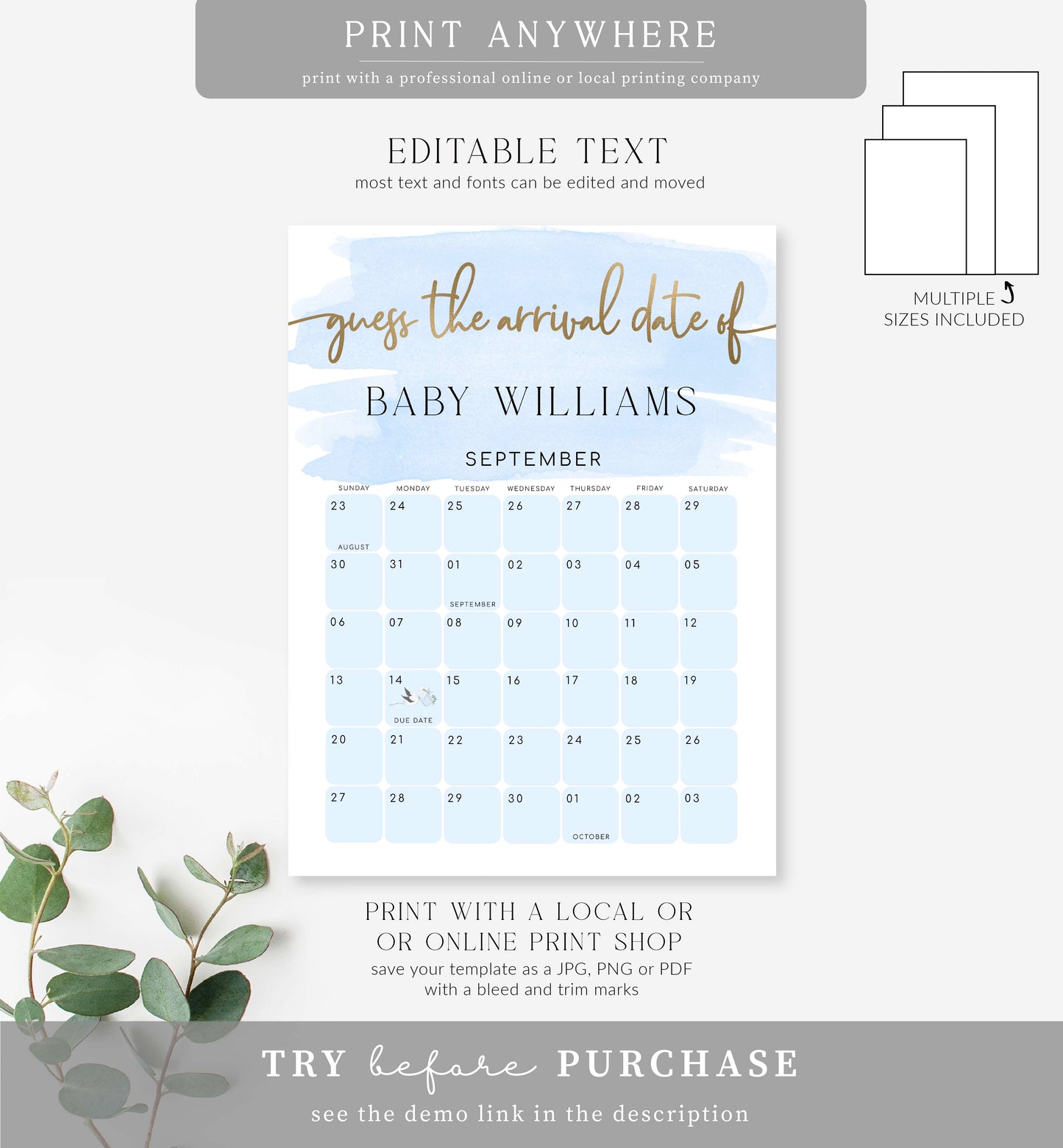 Watercolour Blue | Printable Arrival Date Baby Shower Game Sign