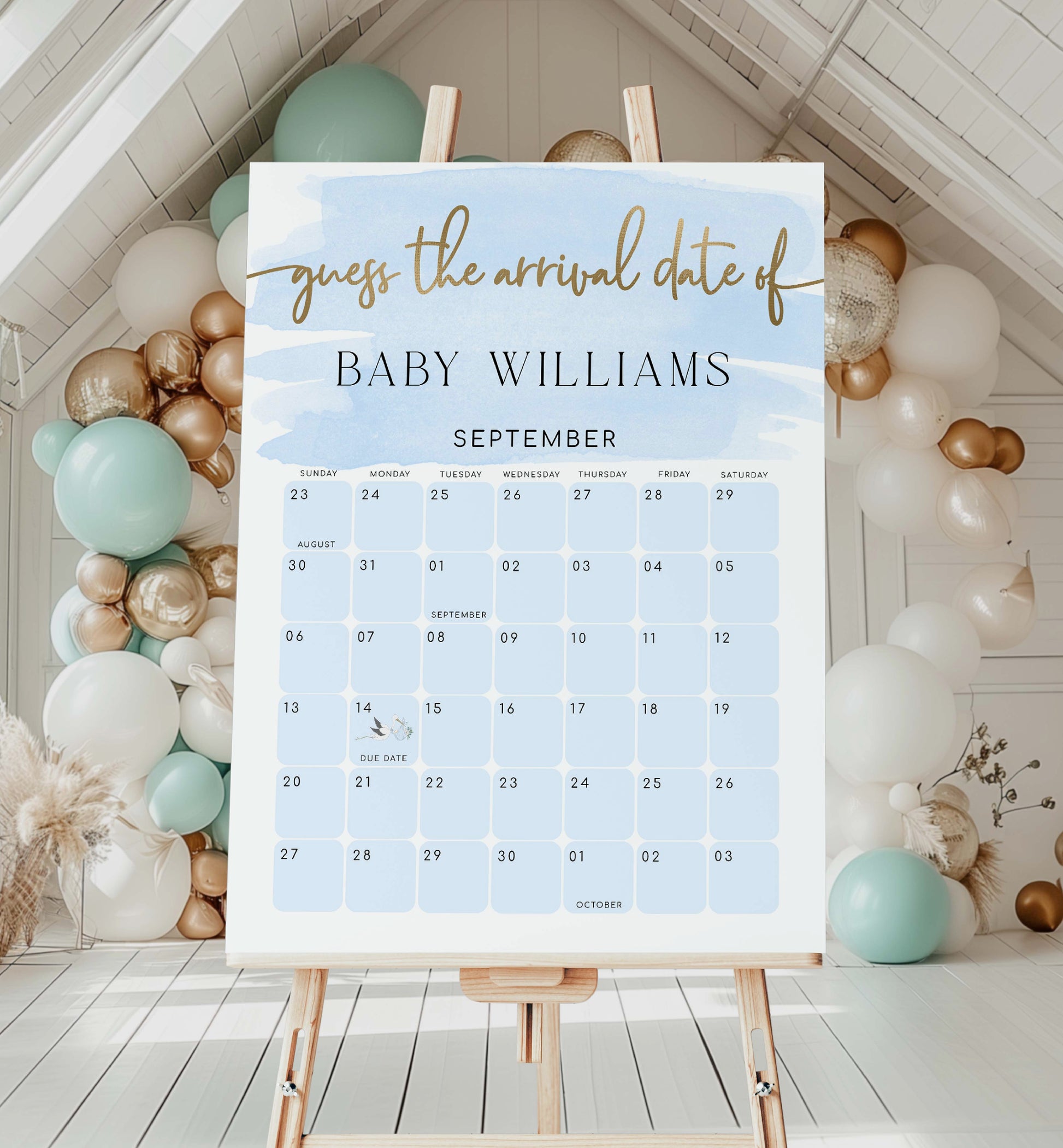 Guess The Arrival Date Game Sign, Blue Watercolour, Printable Guess The Due Date Game Sign, Birthday Date Calendar Guessing Game Sign