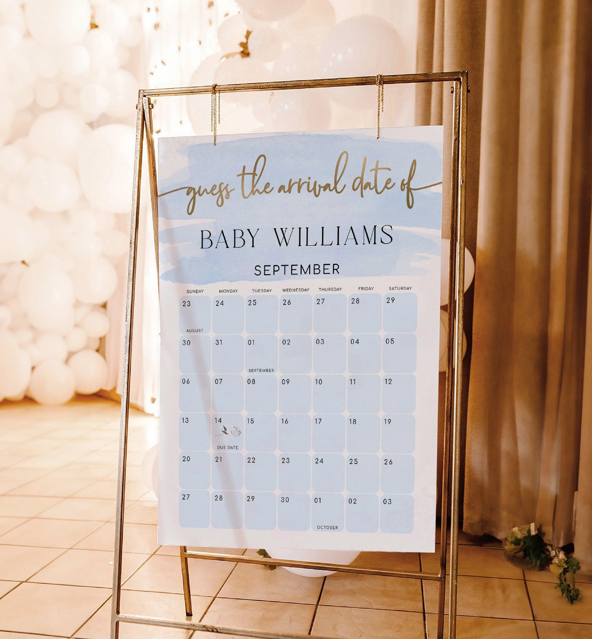 Guess The Arrival Date Game Sign, Blue Watercolour, Printable Guess The Due Date Game Sign, Birthday Date Calendar Guessing Game Sign