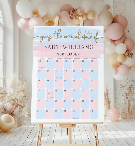 Guess The Arrival Date Game Sign, Pink Blue Watercolour Guess The Due Date Game Baby Shower Sign, Birthday Date Calendar Guessing Game Sign