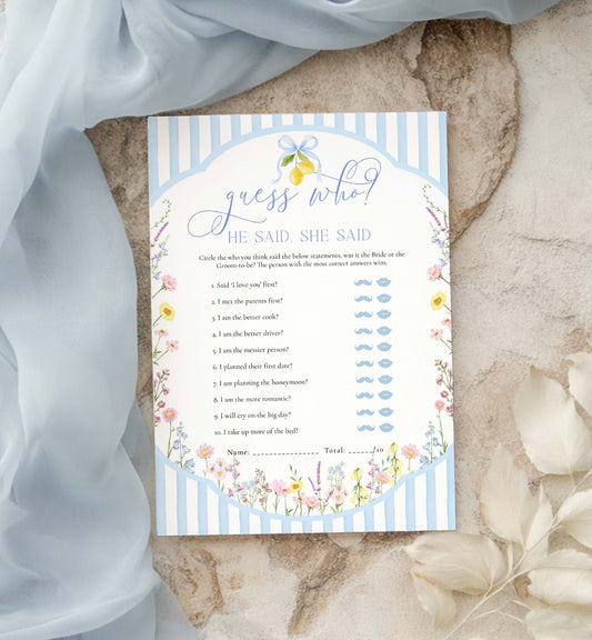 Baby shower game card titled 'Guess Who?' on a textured surface with floral elements. Guess Who? He Said, She Said, Printable Bridal Shower Game, Wildflower, Blue Ribbon, Posey