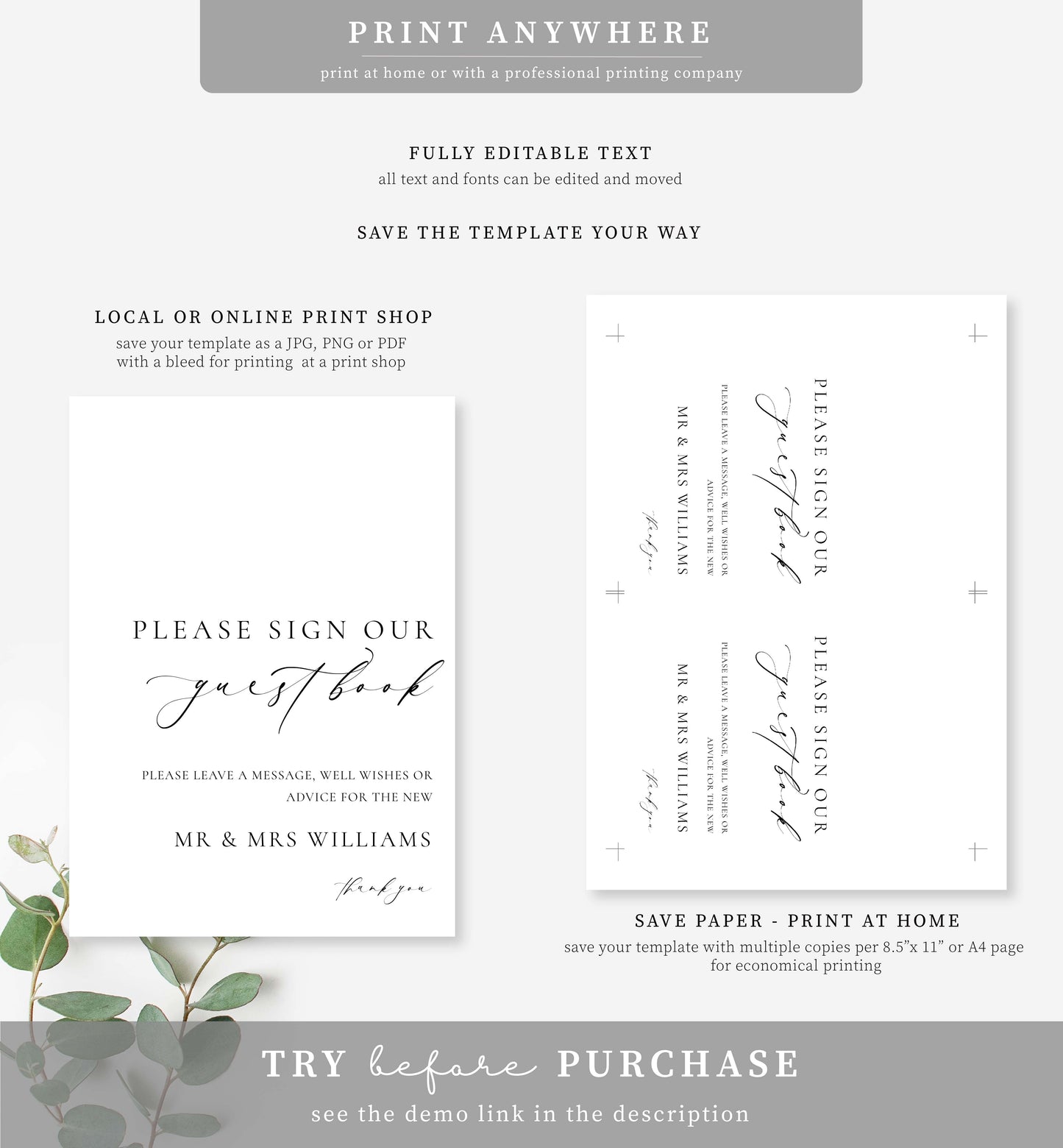 Ellesmere White | Printable Guestbook Sign Template