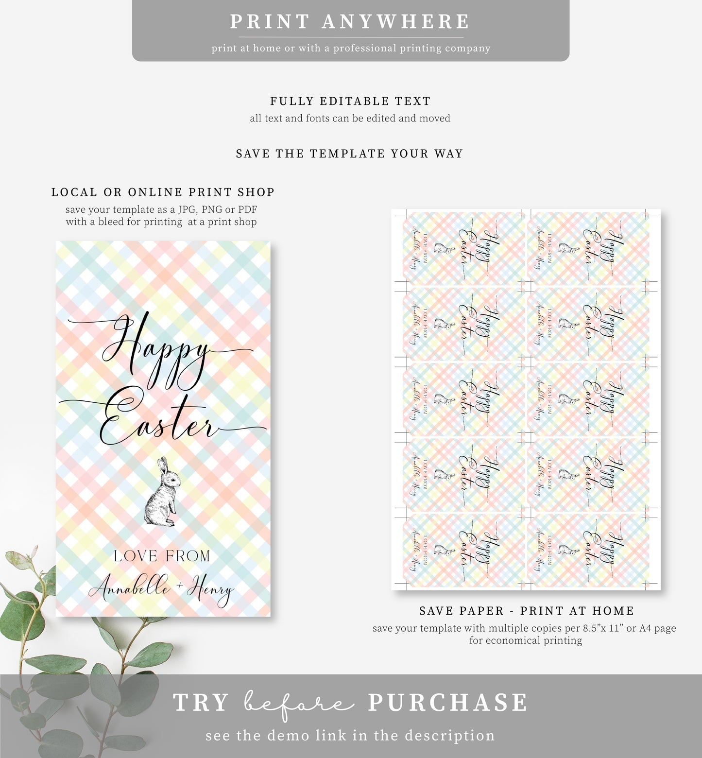 Gingham Multi | Printable Happy Easter Tag Template