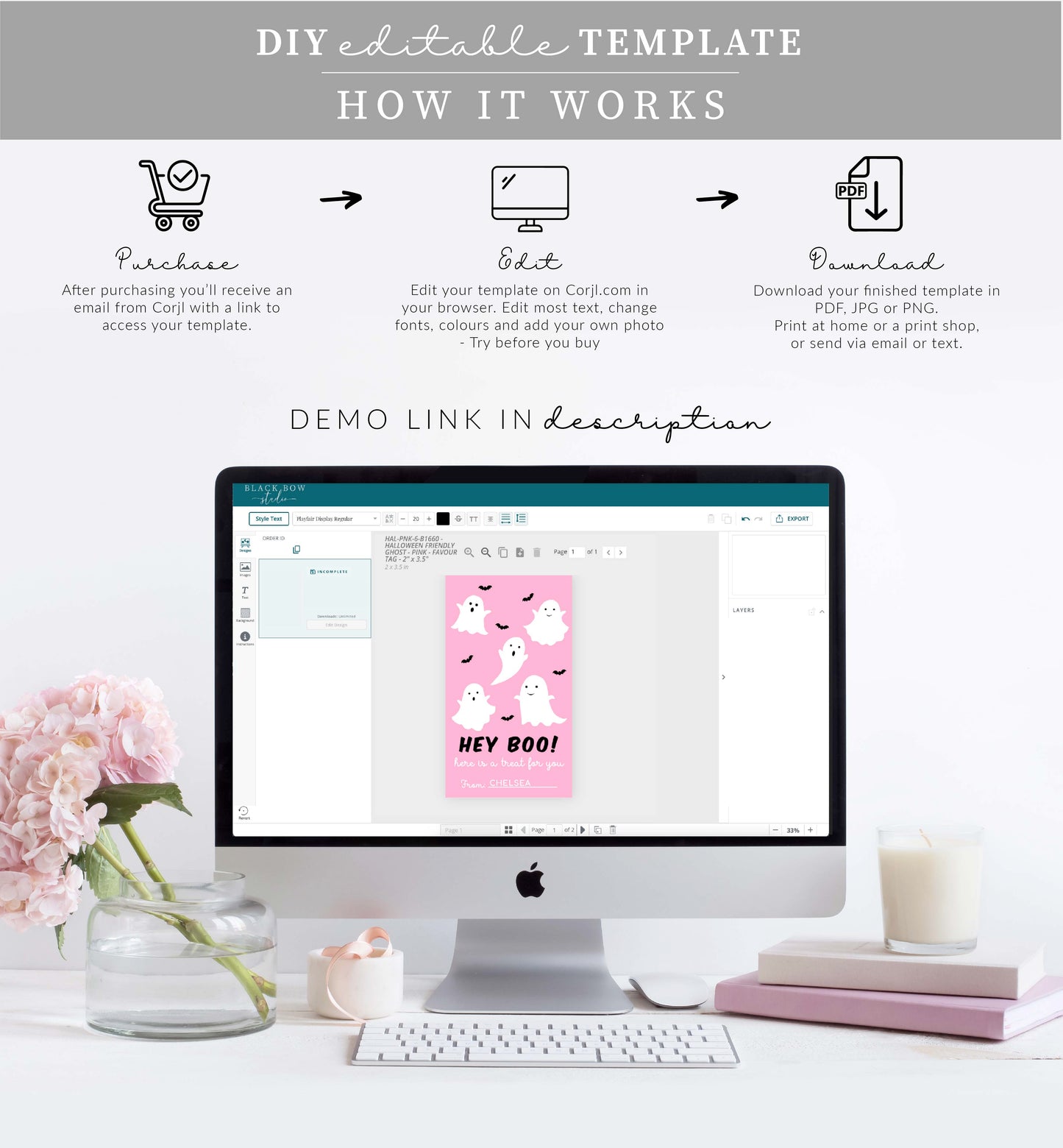 Friendly Ghost Pink | Printable Halloween Favour Tag Template