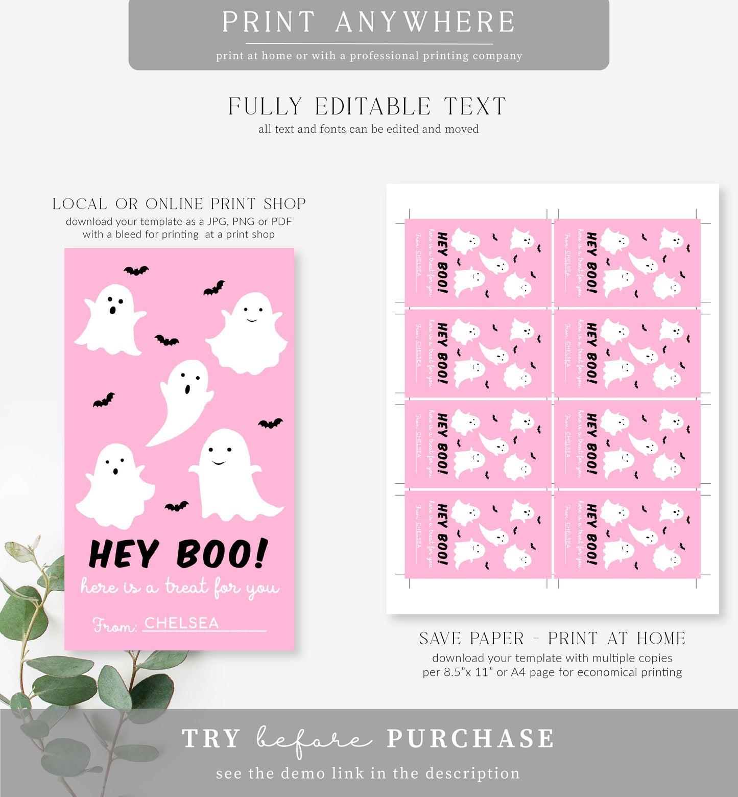 Friendly Ghost Pink | Printable Halloween Favour Tag Template