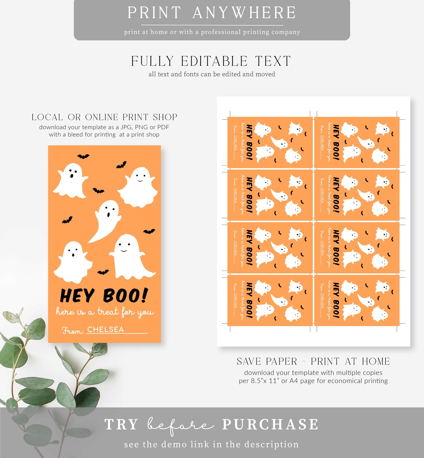 Friendly Ghost Orange | Printable Halloween Favour Tag Template