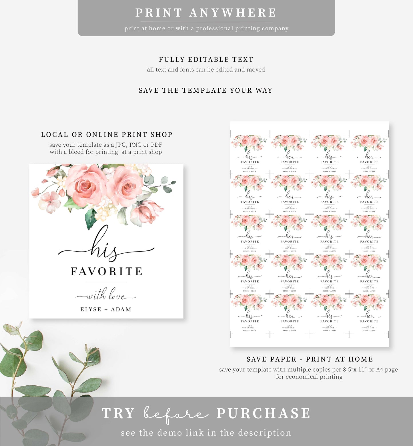Darcy Floral Pink | Printable His & Her Favourite Favour Tag Template