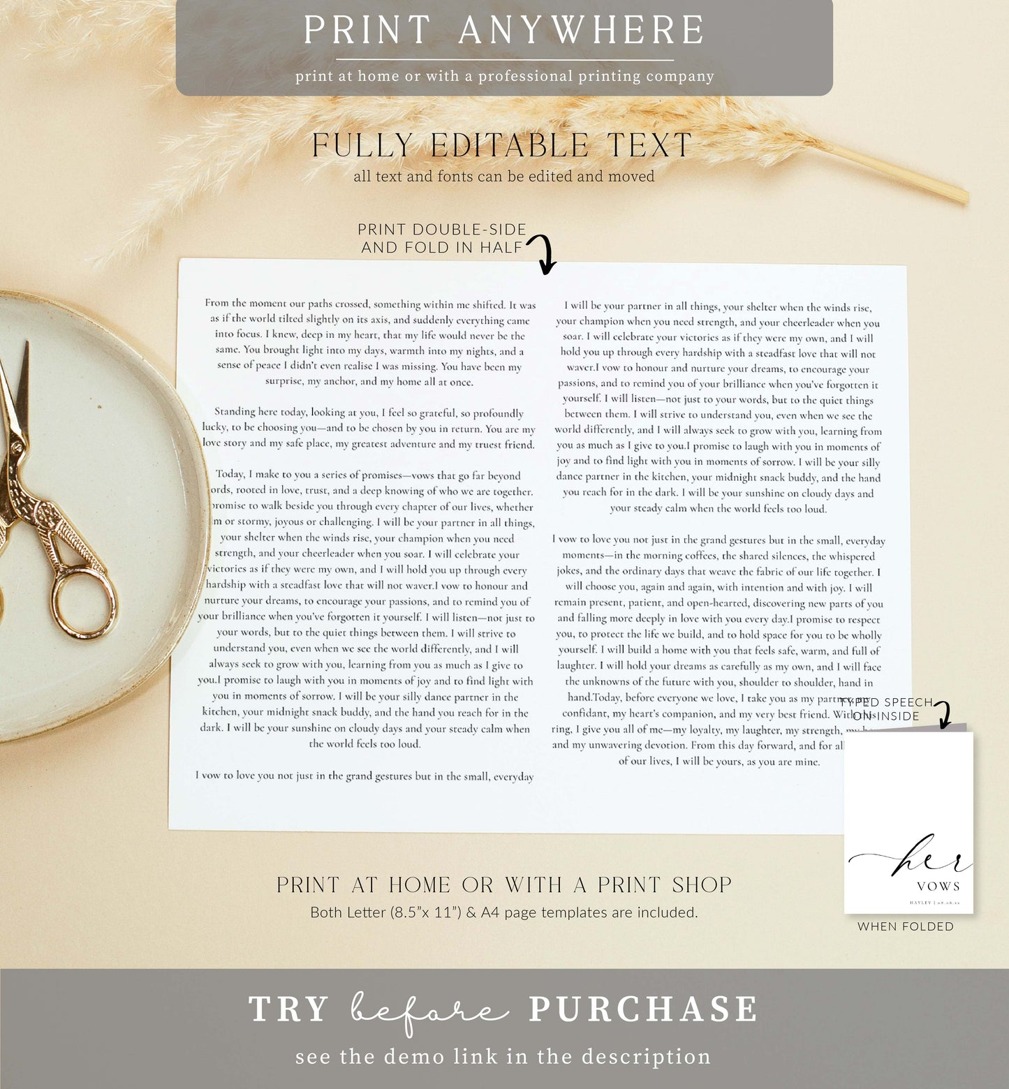 Ellesmere White | Printable His & Her Wedding Vow Book Template