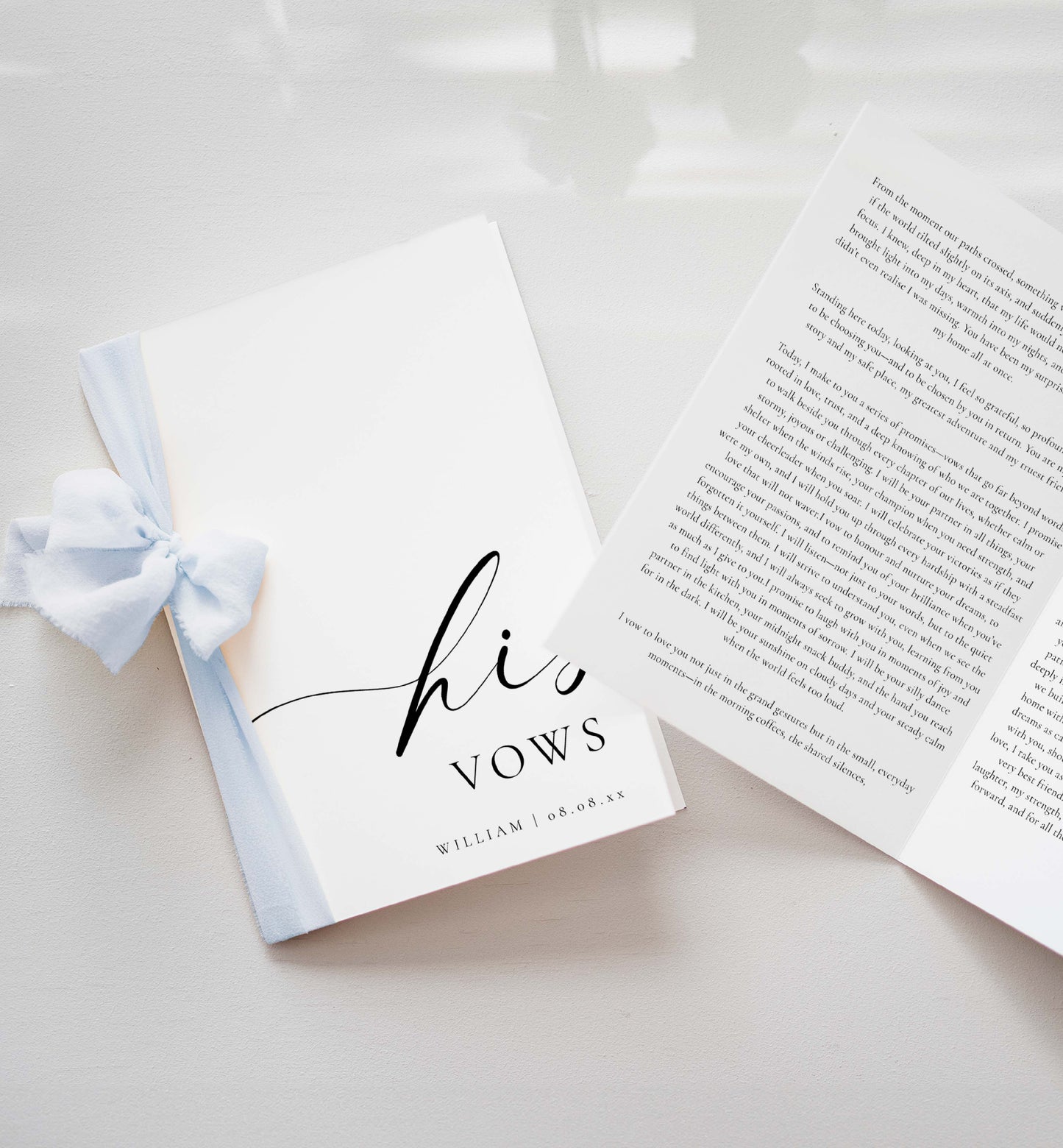 Vow book with a blue ribbon on a light background. Printable His And Her Vow Books, Bride and Groom Wedding Day Card Template, Minimalist Wedding Vows Card, Wedding Ceremony Card Ellesmere