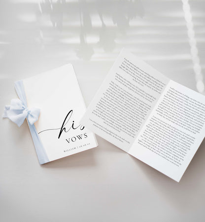 Open book titled 'his vows' with a white ribbon on a light background. Printable His And Her Vow Books, Bride and Groom Wedding Day Card Template, Minimalist Wedding Vows Card, Wedding Ceremony Card Ellesmere